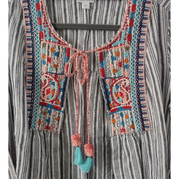 J Jill Linen Open Front Top Womens XS Striped Embroidered Cover Up Layer Piece - Picture 2 of 7
